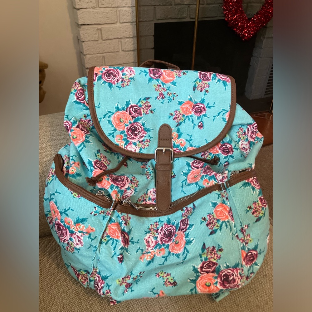 Mudd teal floral drawstring backpack